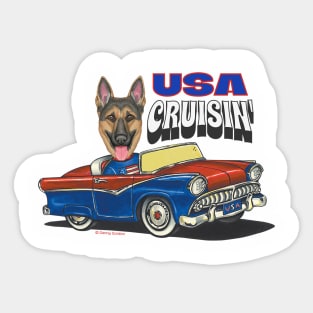 Funny humorous and cute German Shepherd dog driving a classic car while cruising the USA Sticker